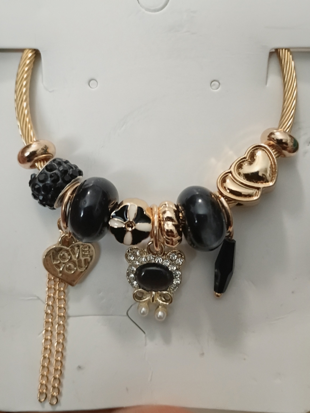 Gold-Tone Black Bead Charm Bracelet with Heart and Teddy Charms